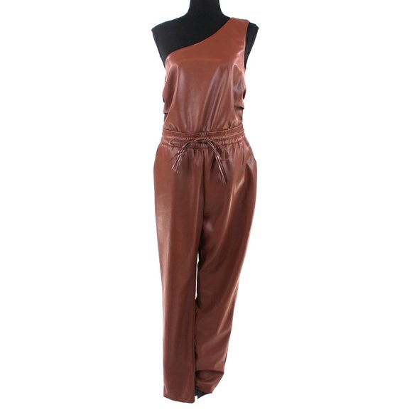 Mother Landside Hover Brown Faux Leather One Shoulder Belted Straight Jumpsuit S - Picture 2 of 9